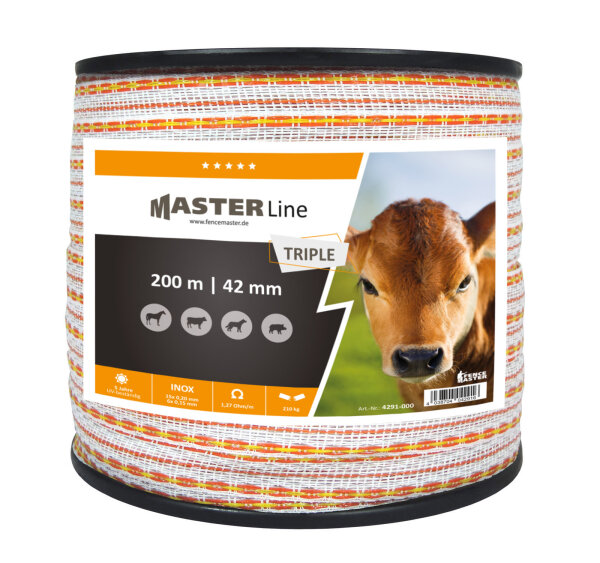 Breitband "Fence Power Triple", 42mm, 200m, weiß/gelb-orange, 15x0.20+3x0.15+3x0.15 Niro