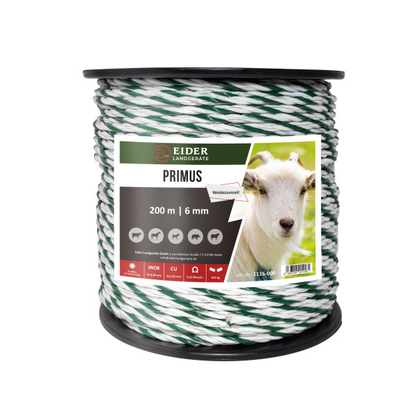Kordel "Primus", 6mmØ, 200m, weiß-grün, 3x0.30 Niro + 3x0.30 Kupfer