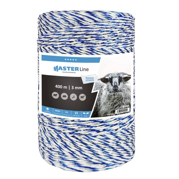 Kunststofflitze "Fence Power", 400m, weiß-blau, 3x8 0.40 PE + 6x0.20 Niro + 3x0.25 Cu