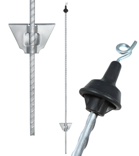 25x Federstahlpfahl 105 cm, oval, silber - schwarzer Drahtösenisolator