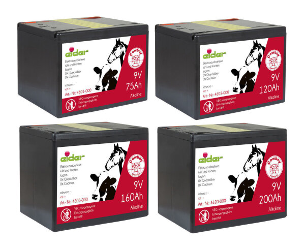 9 Volt Weidezaunbatterien, alkaline (Ausführungen 75 Ah - 200 Ah)