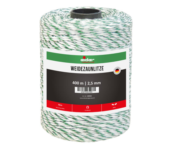 Weidezaunlitze, 2,5 mm Ø, weiß/grün - 400 m